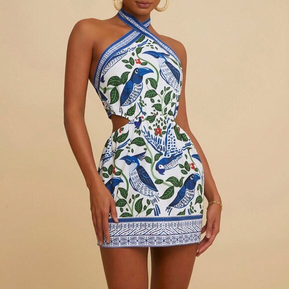 Blue And White Boho Women's Vacation Chiffon Backless Tie Strap Mini Dress - Picture 5 of 6
